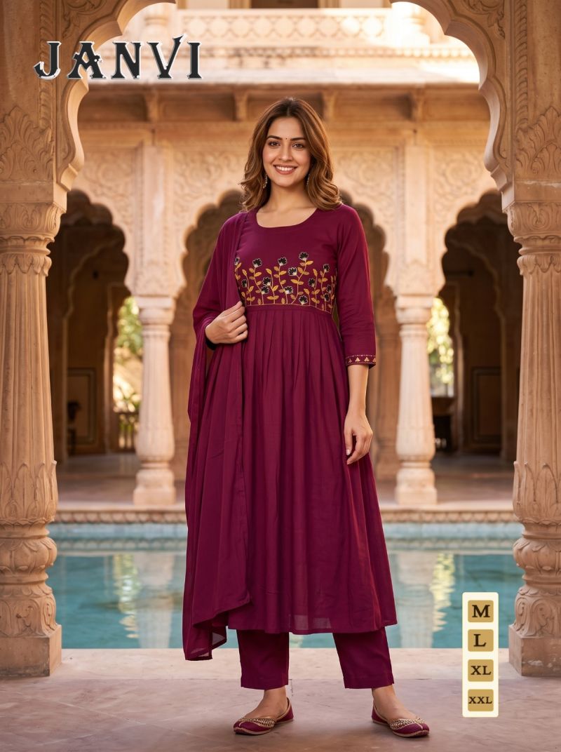 Amrah Wholesale Janvi Vol 1 Mul Chanderi Embroidered Kurti Pant Dupatta Set