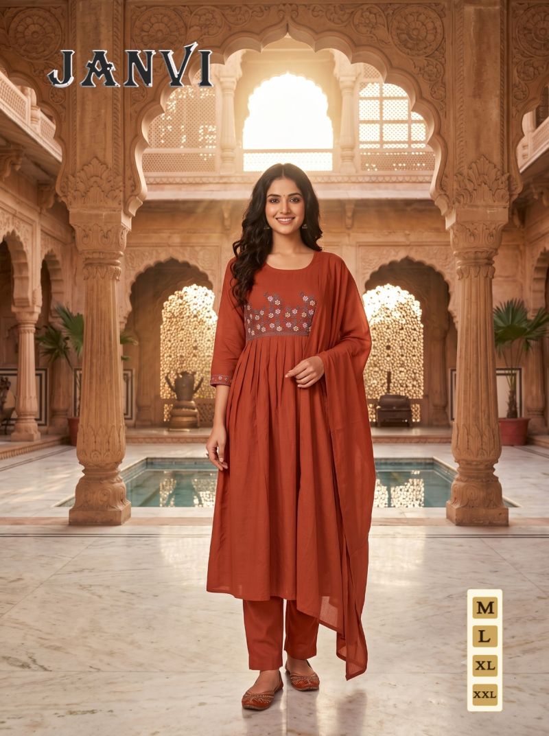 Amrah Wholesale Janvi Vol 1 Mul Chanderi Embroidered Kurti Pant Dupatta Set