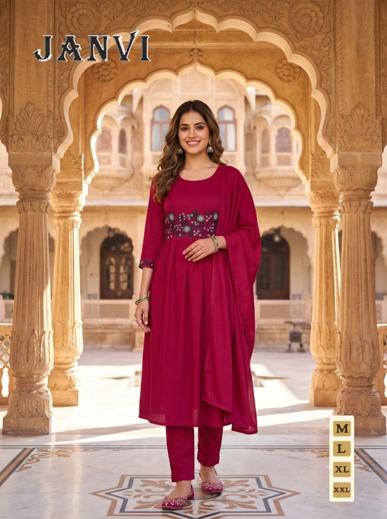 Amrah Wholesale Janvi Vol 1 Mul Chanderi Embroidered Kurti Pant Dupatta Set