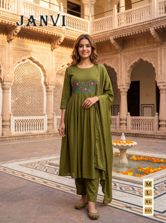 Amrah Wholesale Janvi Vol 1 Mul Chanderi Embroidered Kurti Pant Dupatta Set