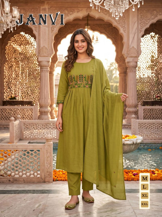 Amrah Wholesale Janvi Vol 1 Mul Chanderi Embroidered Kurti Pant Dupatta Set