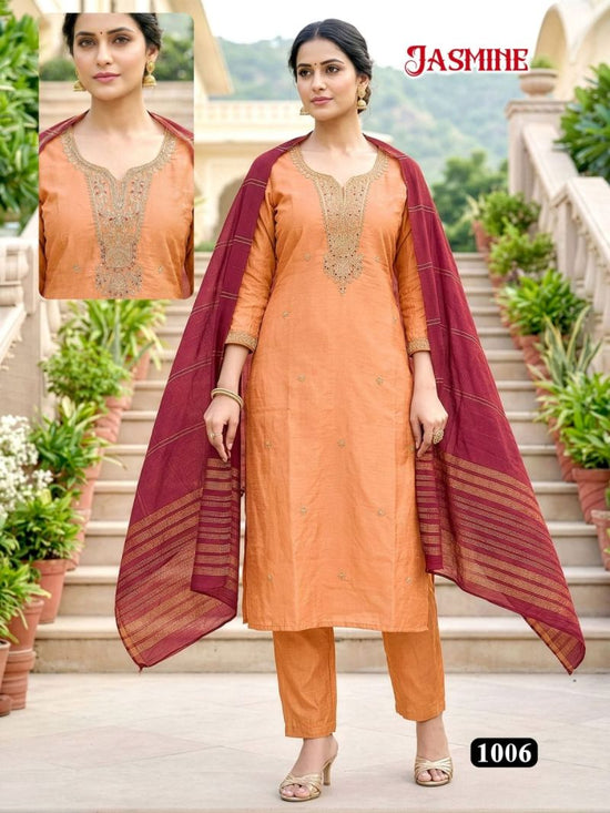 Amrah Wholesale Jasmine D No 1001 To 08 Vatican Silk Kurti Pant Dupatta Set