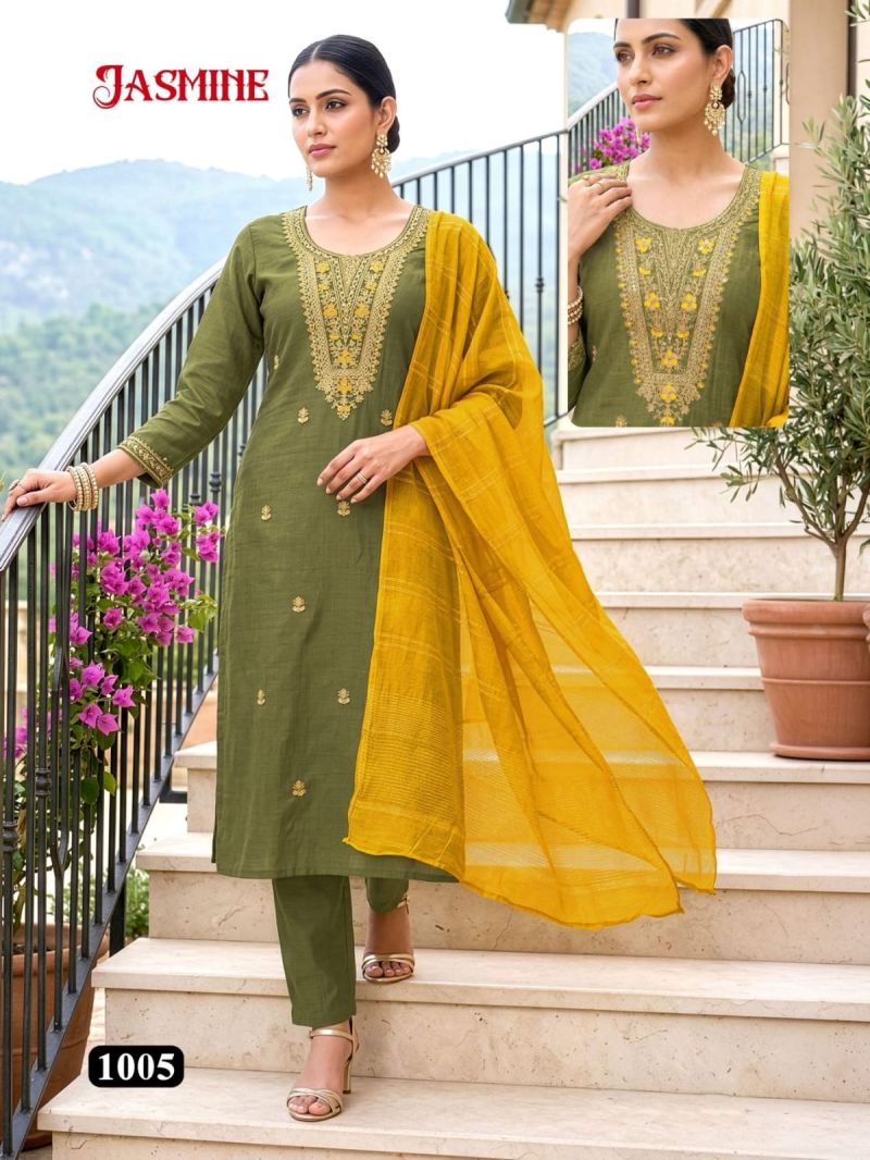 Amrah Wholesale Jasmine D No 1001 To 08 Vatican Silk Kurti Pant Dupatta Set