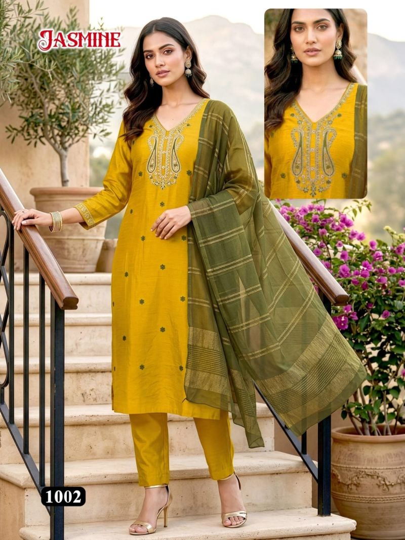 Amrah Wholesale Jasmine D No 1001 To 08 Vatican Silk Kurti Pant Dupatta Set