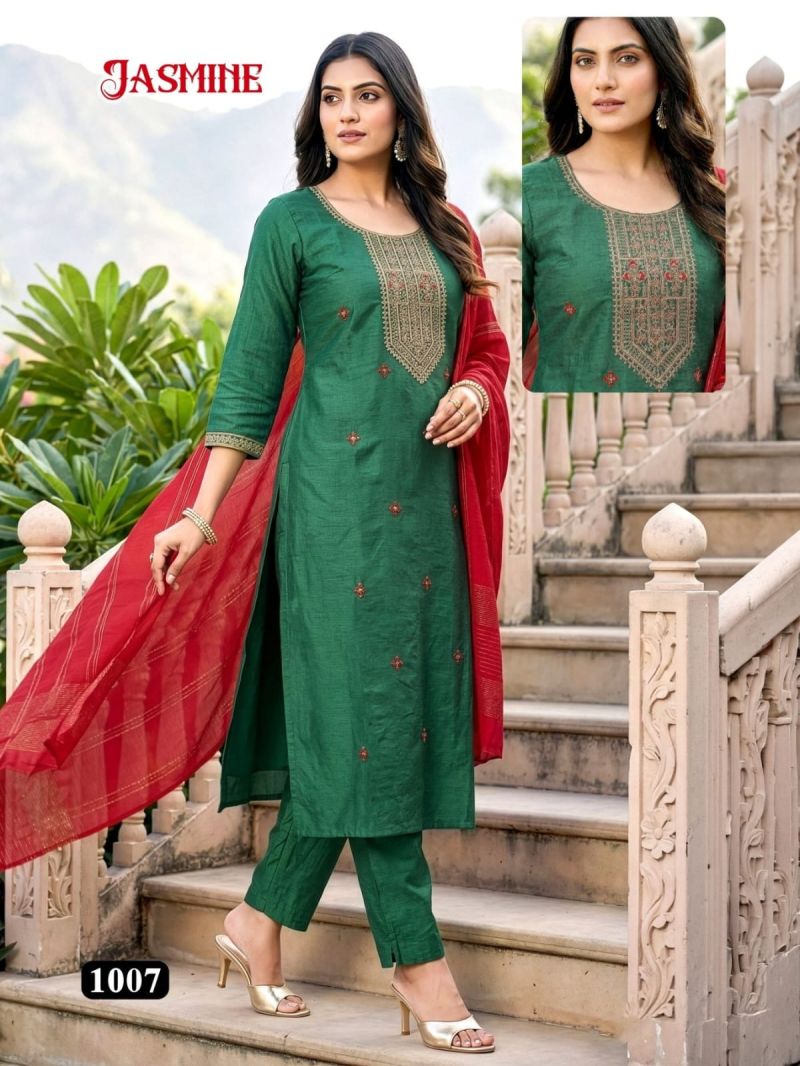 Amrah Wholesale Jasmine D No 1001 To 08 Vatican Silk Kurti Pant Dupatta Set