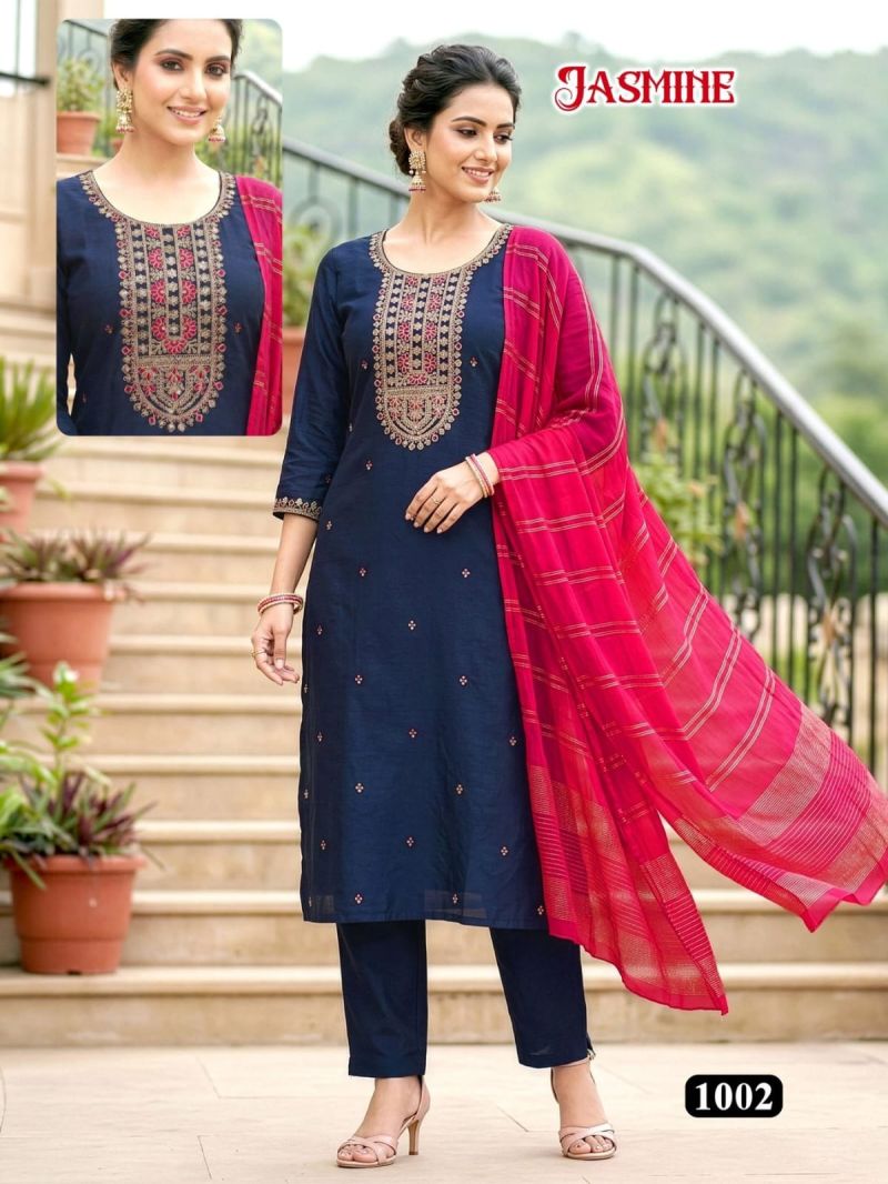 Amrah Wholesale Jasmine D No 1001 To 08 Vatican Silk Kurti Pant Dupatta Set