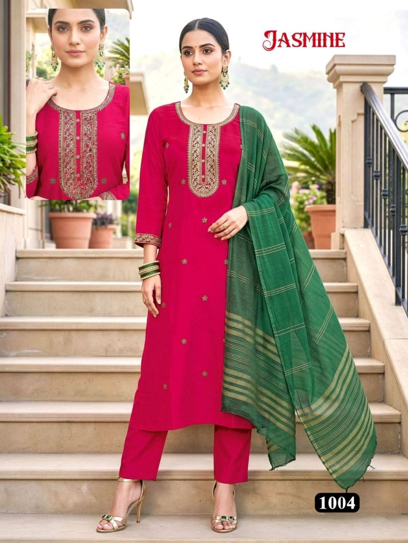 Amrah Wholesale Jasmine D No 1001 To 08 Vatican Silk Kurti Pant Dupatta Set