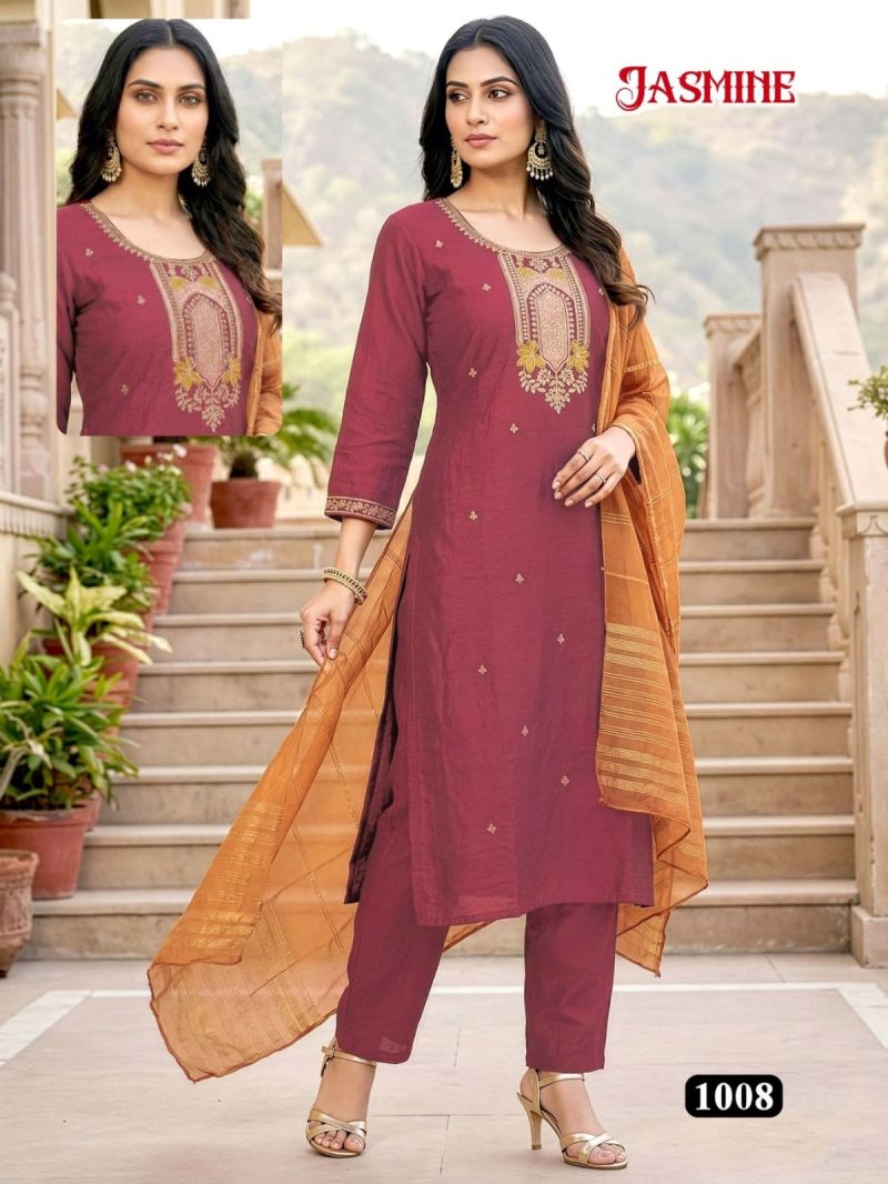 Amrah Wholesale Jasmine D No 1001 To 08 Vatican Silk Kurti Pant Dupatta Set