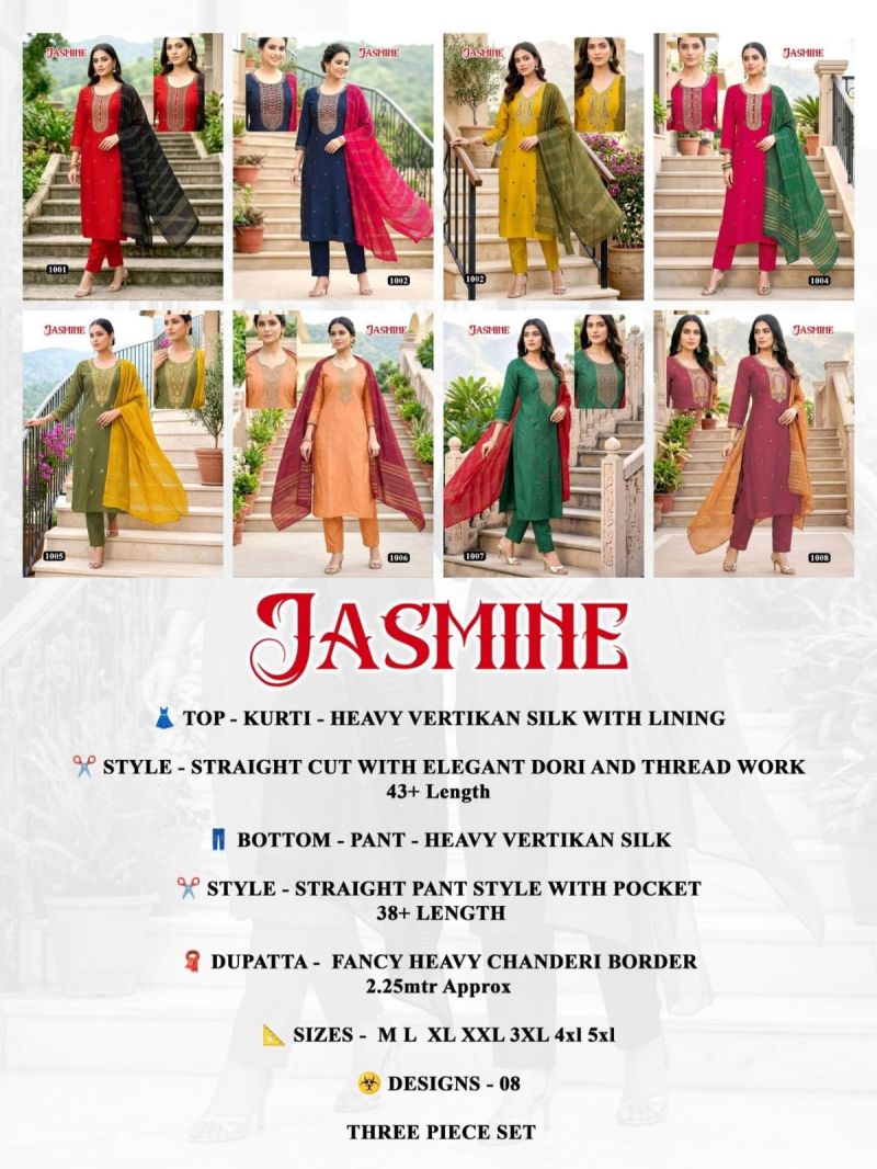 Amrah Wholesale Jasmine D No 1001 To 08 Vatican Silk Kurti Pant Dupatta Set