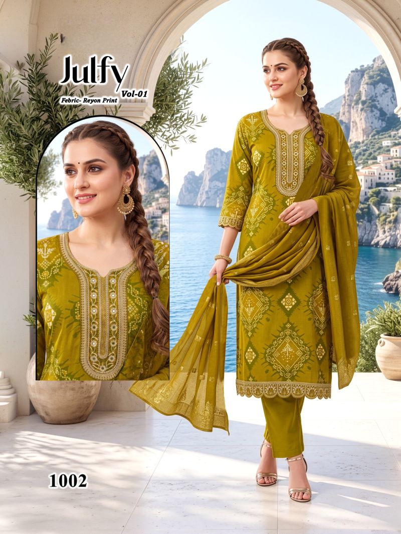 Amrah Wholesale Julfy Vol 1 Rayon Printed Embroidered Kurti Pant Dupatta Set - Amrah Wholesale
