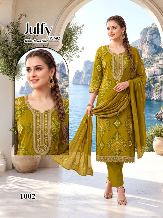 Amrah Wholesale Julfy Vol 1 Rayon Printed Embroidered Kurti Pant Dupatta Set - Amrah Wholesale