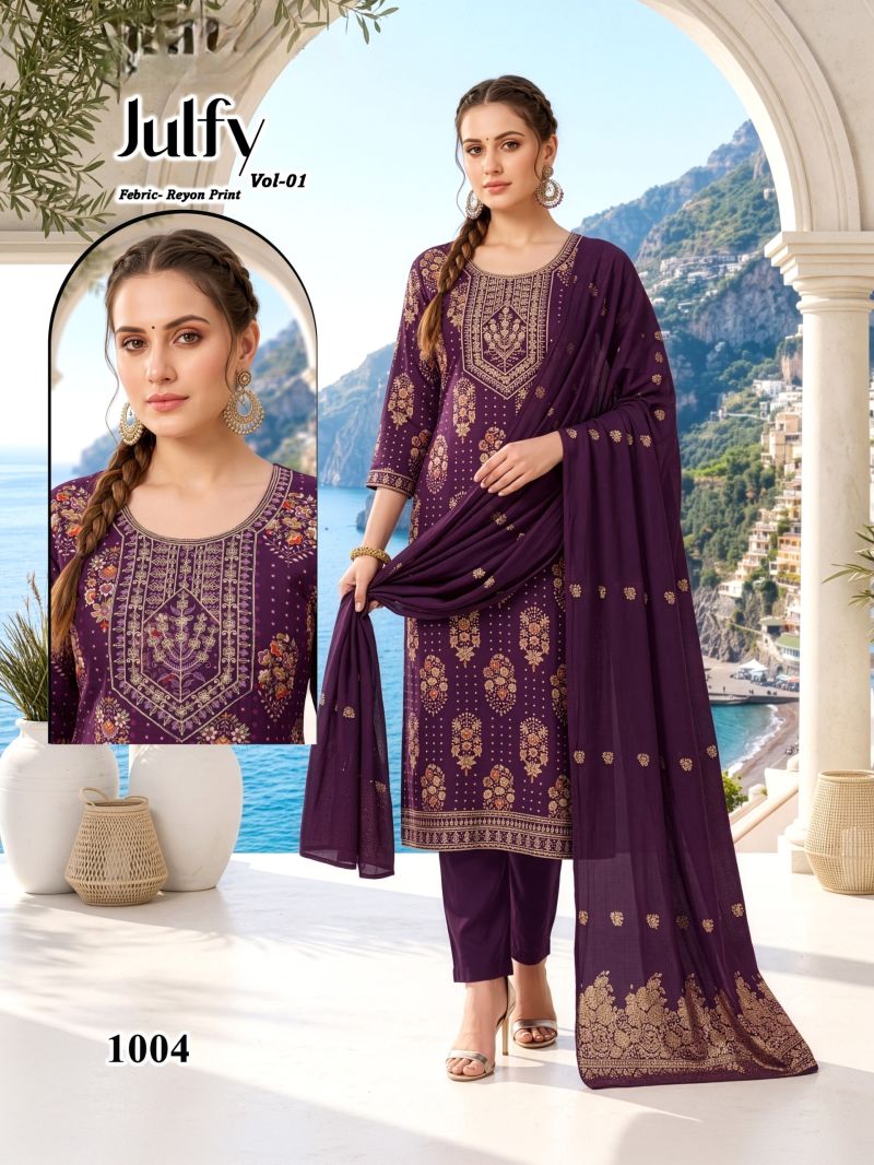 Amrah Wholesale Julfy Vol 1 Rayon Printed Embroidered Kurti Pant Dupatta Set - Amrah Wholesale