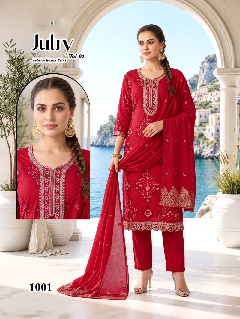 Amrah Wholesale Julfy Vol 1 Rayon Printed Embroidered Kurti Pant Dupatta Set - Amrah Wholesale