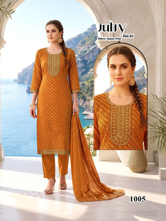 Amrah Wholesale Julfy Vol 1 Rayon Printed Embroidered Kurti Pant Dupatta Set - Amrah Wholesale