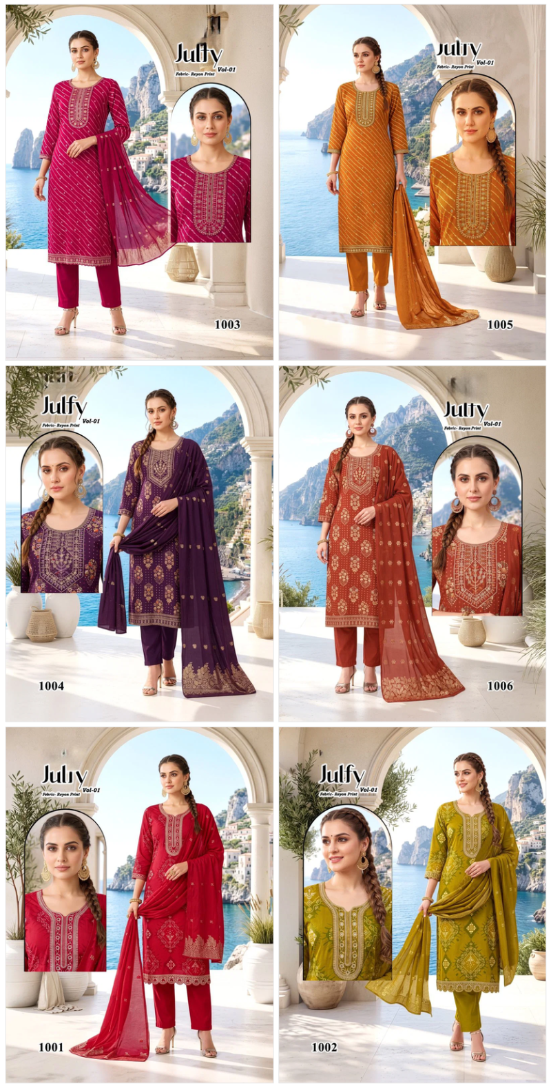 Amrah Wholesale Julfy Vol 1 Rayon Printed Embroidered Kurti Pant Dupatta Set - Amrah Wholesale