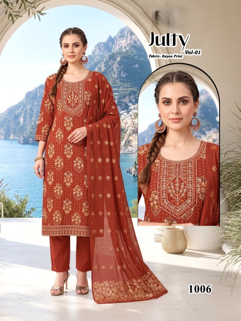 Amrah Wholesale Julfy Vol 1 Rayon Printed Embroidered Kurti Pant Dupatta Set - Amrah Wholesale