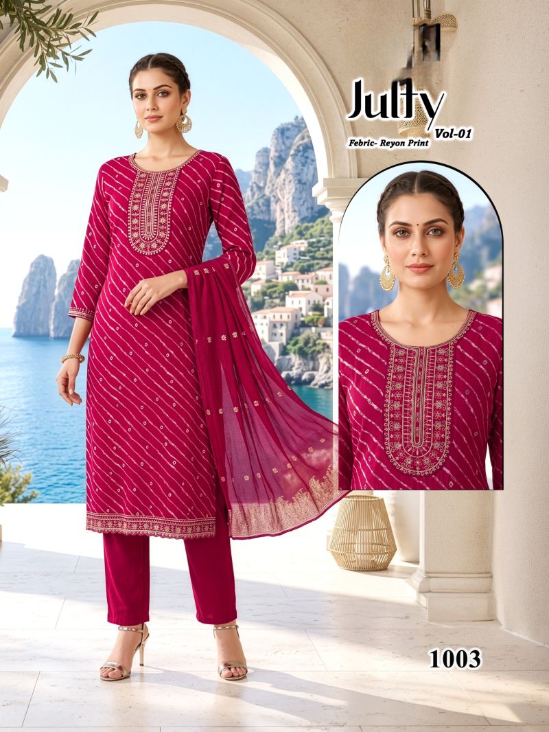Amrah Wholesale Julfy Vol 1 Rayon Printed Embroidered Kurti Pant Dupatta Set - Amrah Wholesale