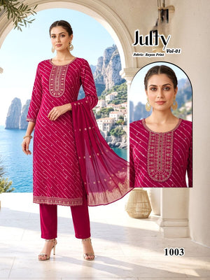 Amrah Wholesale Julfy Vol 1 Rayon Printed Embroidered Kurti Pant Dupatta Set - Amrah Wholesale