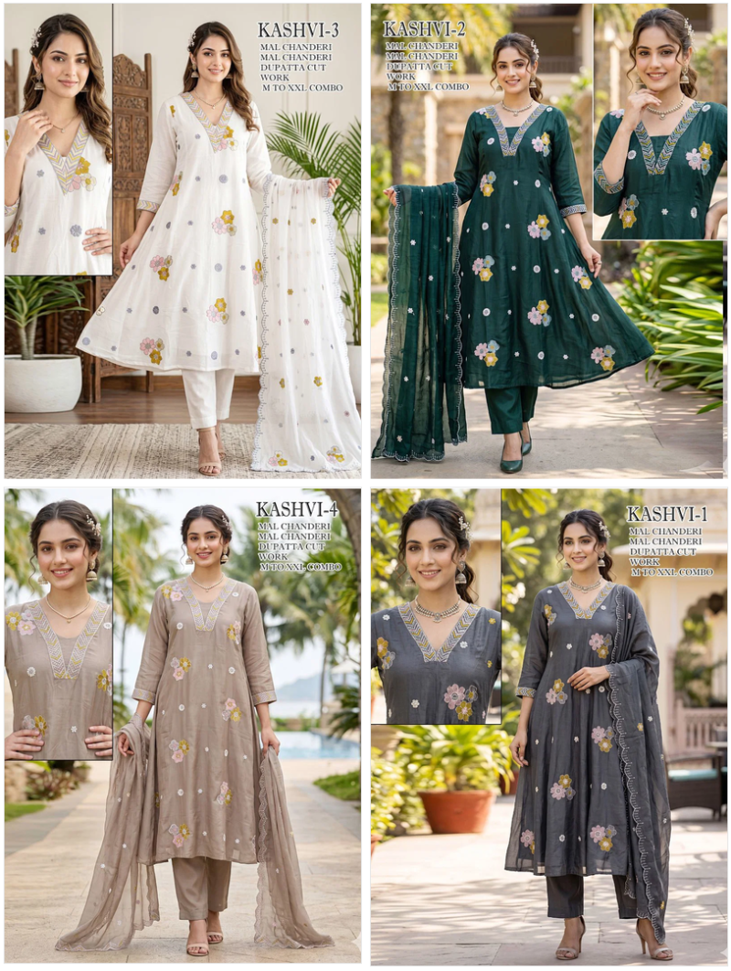 Amrah Wholesale Kaashvi Combo Mul Chanderi Kurti Pant Dupatta Set