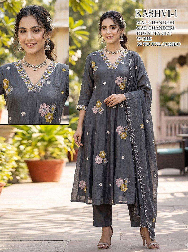 Amrah Wholesale Kaashvi Combo Mul Chanderi Kurti Pant Dupatta Set