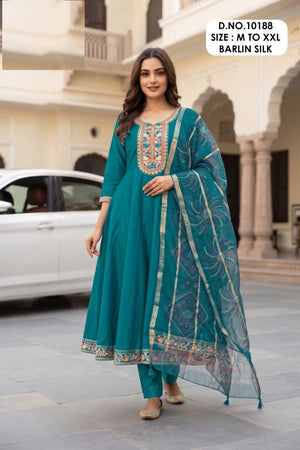 Amrah Wholesale Kaaveri 10188 Berlin Silk Embroidered Anarkali Kurti Pant Dupatta Set - Amrah Wholesale