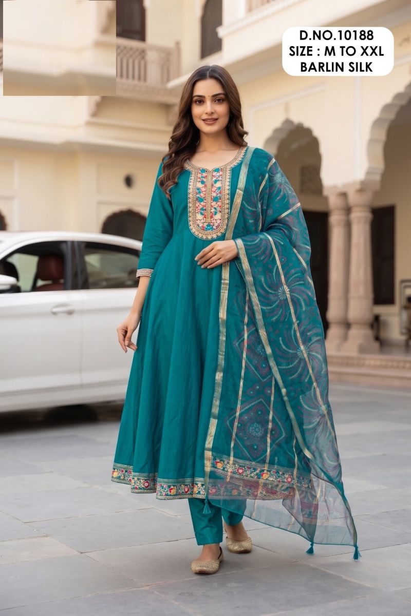 Amrah Wholesale Kaaveri 10188 Berlin Silk Embroidered Anarkali Kurti Pant Dupatta Set - Amrah Wholesale