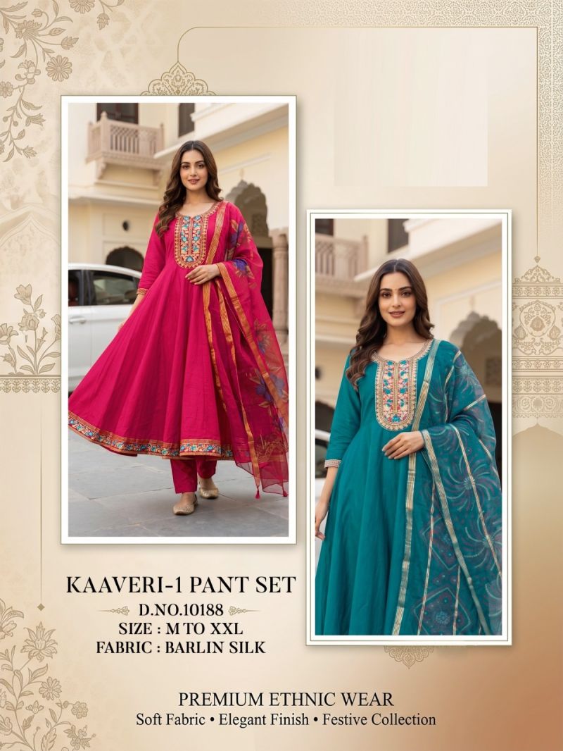 Amrah Wholesale Kaaveri 10188 Berlin Silk Embroidered Anarkali Kurti Pant Dupatta Set - Amrah Wholesale