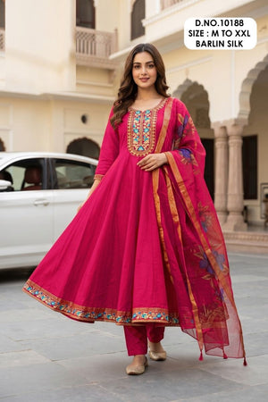 Amrah Wholesale Kaaveri 10188 Berlin Silk Embroidered Anarkali Kurti Pant Dupatta Set - Amrah Wholesale