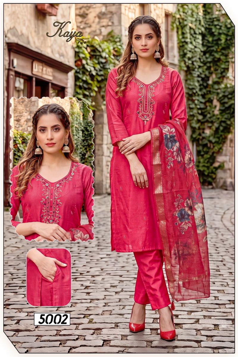 Amrah Wholesale Kaya Vol 5 Roman Simmar Silk Kurti Pant Dupatta Set