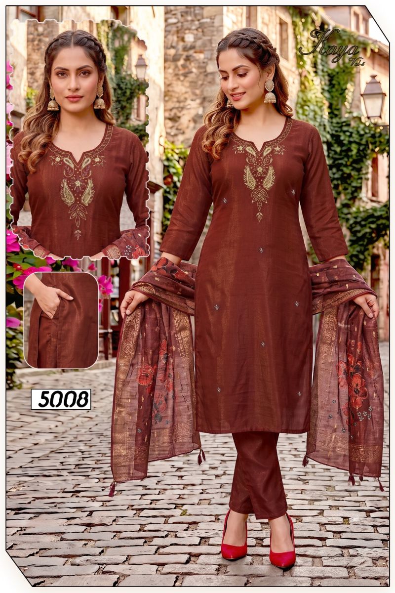 Amrah Wholesale Kaya Vol 5 Roman Simmar Silk Kurti Pant Dupatta Set