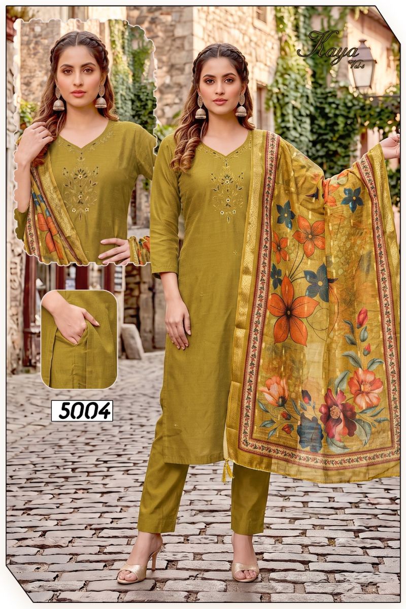 Amrah Wholesale Kaya Vol 5 Roman Simmar Silk Kurti Pant Dupatta Set