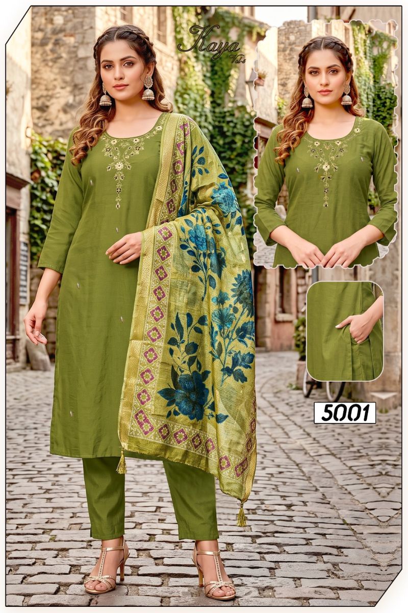 Amrah Wholesale Kaya Vol 5 Roman Simmar Silk Kurti Pant Dupatta Set
