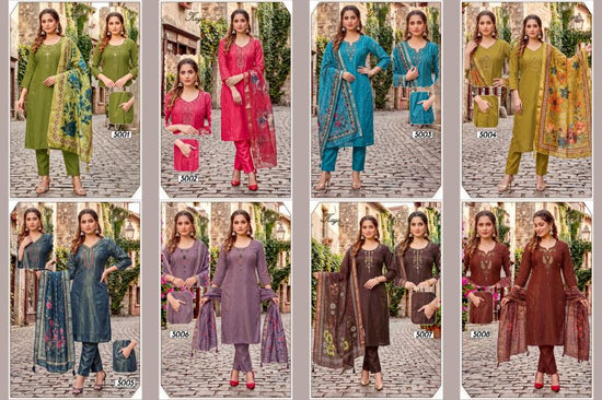 Amrah Wholesale Kaya Vol 5 Roman Simmar Silk Kurti Pant Dupatta Set