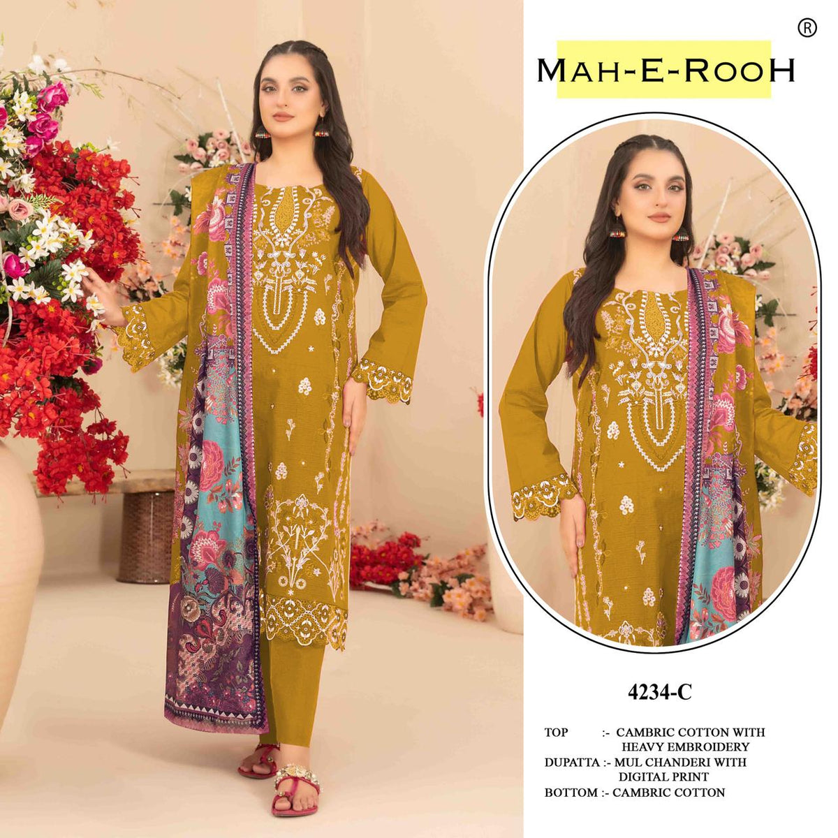 Amrah Wholesale Mah E Rooh 4234 A To D Cambric Cotton Dress Material