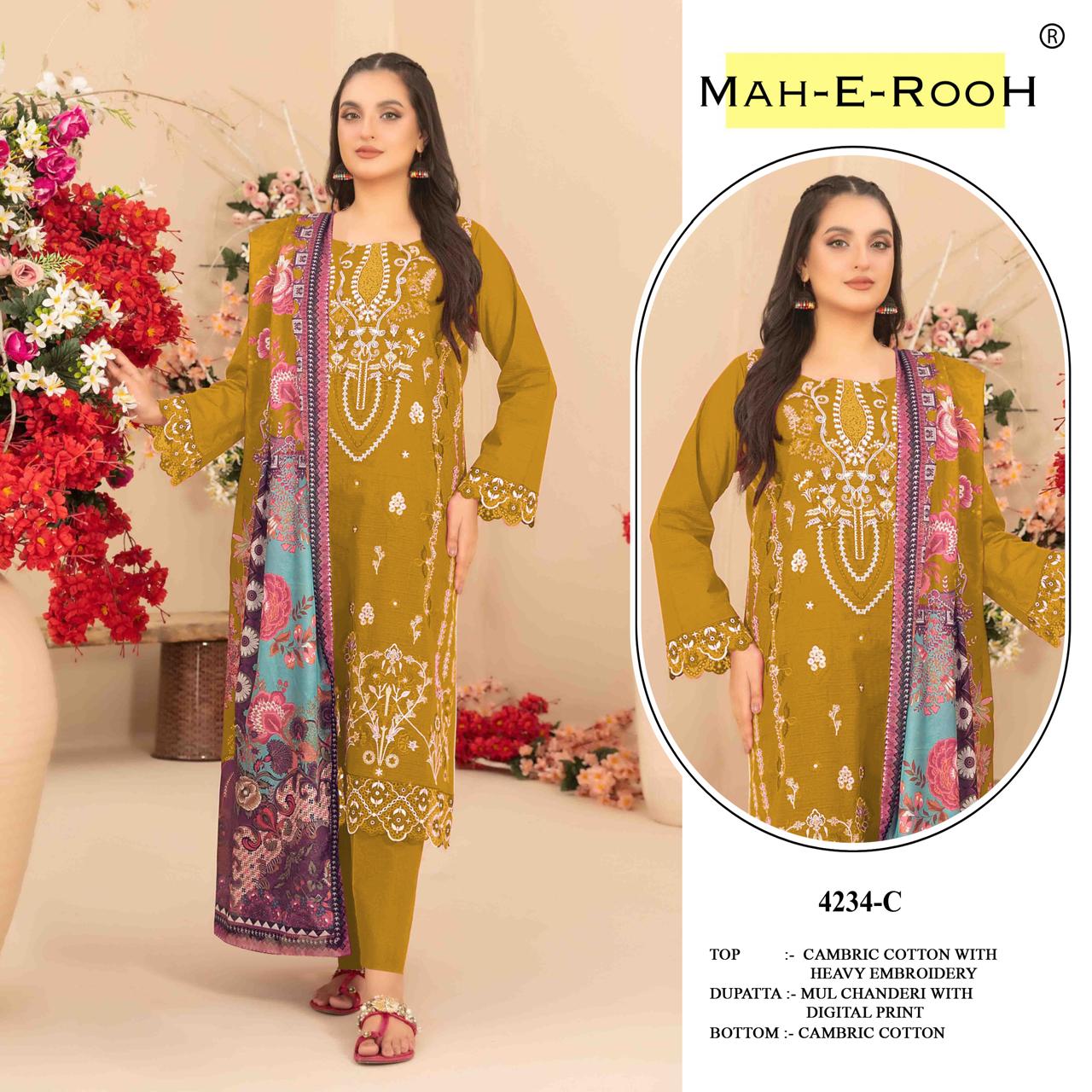 Amrah Wholesale Mah E Rooh 4234 A To D Cambric Cotton Dress Material