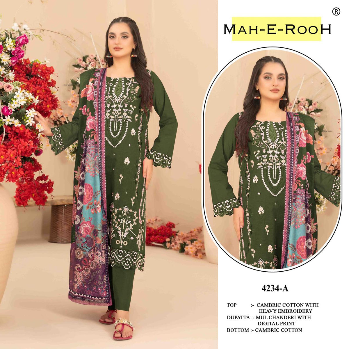 Amrah Wholesale Mah E Rooh 4234 A To D Cambric Cotton Dress Material