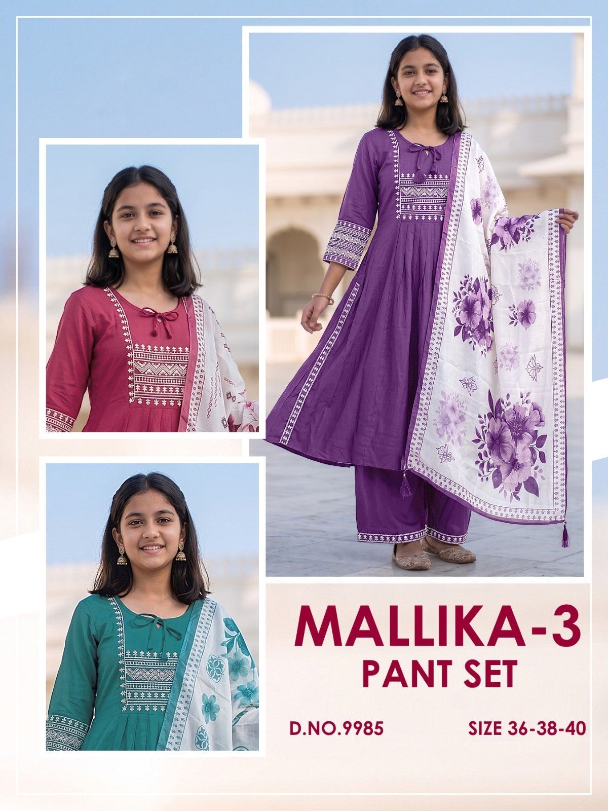 Amrah Wholesale Mallika 9985 Roman Silk Embroidered Kurti Pant Dupatta Set - Amrah Wholesale