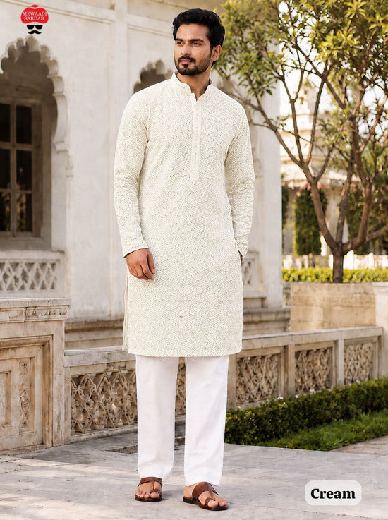 Amrah Wholesale Manyavar Chikankari Rayon Chikan Schiffli Work Mens Kurta Pajama - Amrah Wholesale