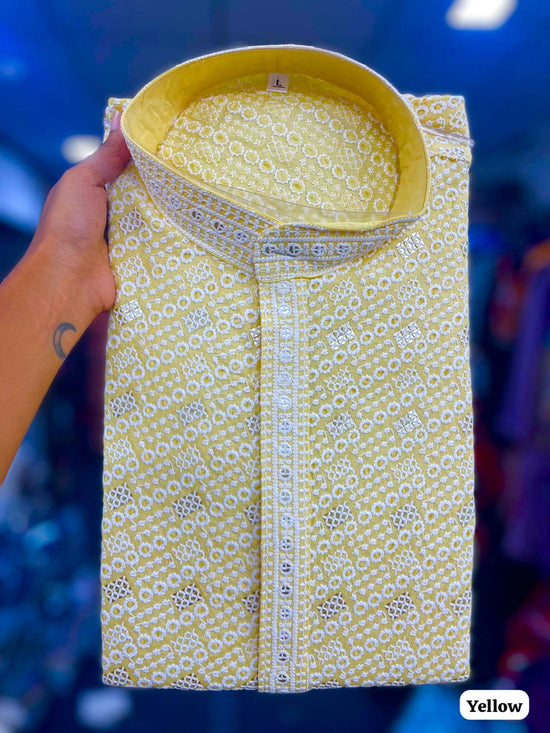 Amrah Wholesale Manyavar Chikankari Rayon Chikan Schiffli Work Mens Kurta Pajama - Amrah Wholesale
