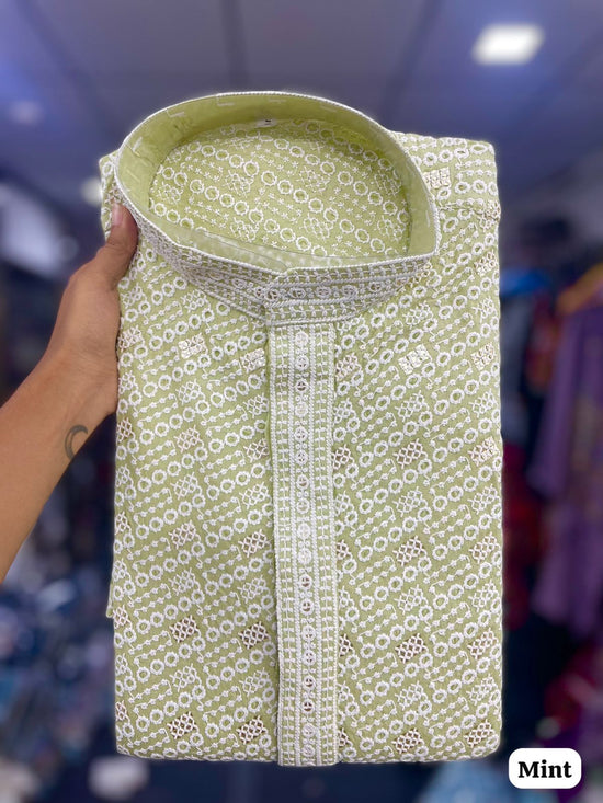 Amrah Wholesale Manyavar Chikankari Rayon Chikan Schiffli Work Mens Kurta Pajama