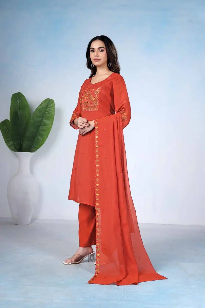 Amrah Wholesale Md 106 Mul Chanderi Embroidered Kurti Pant Dupatta Set - Amrah Wholesale