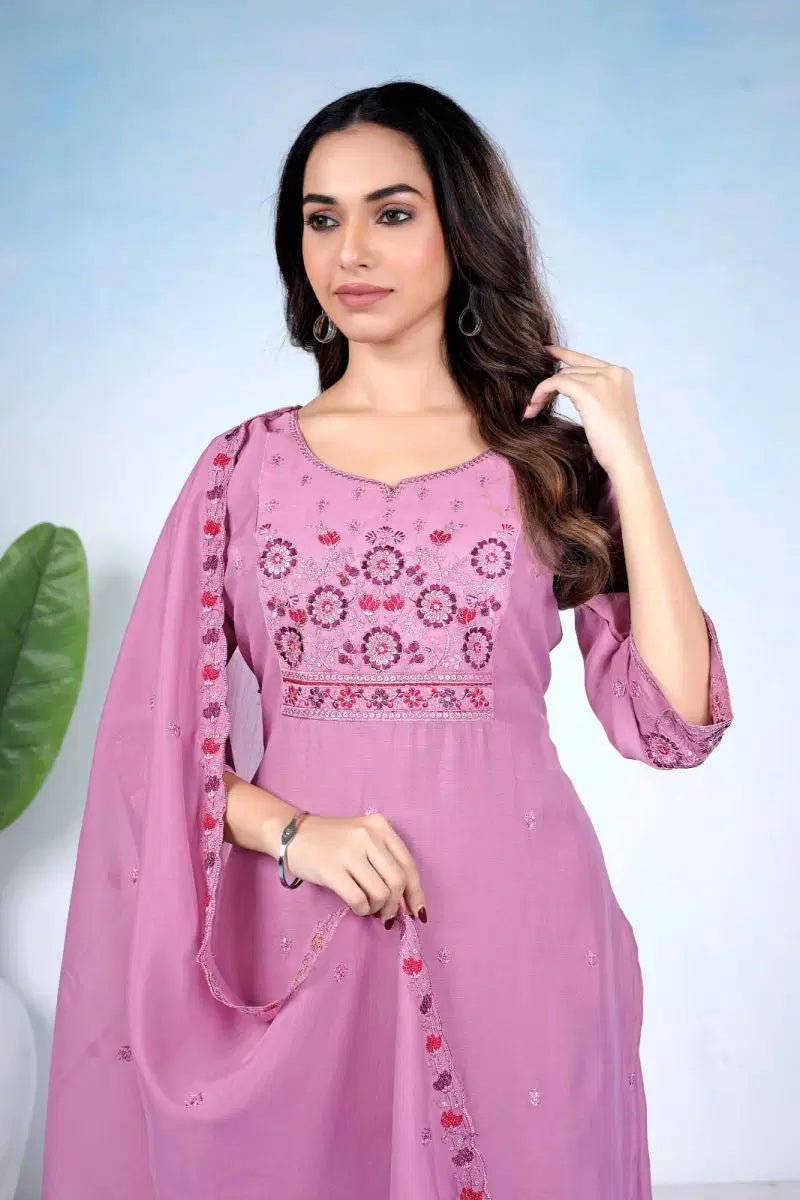 Amrah Wholesale Md 106 Mul Chanderi Embroidered Kurti Pant Dupatta Set - Amrah Wholesale