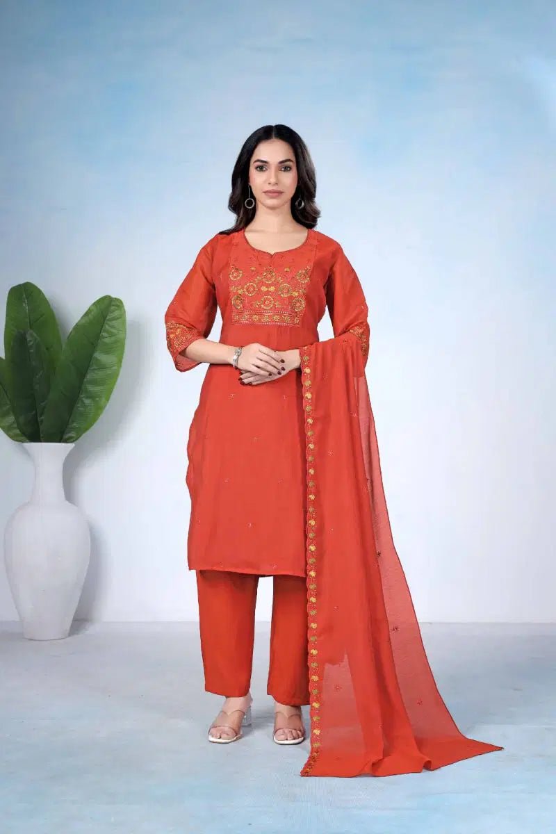 Amrah Wholesale Md 106 Mul Chanderi Embroidered Kurti Pant Dupatta Set - Amrah Wholesale