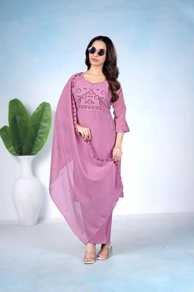 Amrah Wholesale Md 106 Mul Chanderi Embroidered Kurti Pant Dupatta Set - Amrah Wholesale