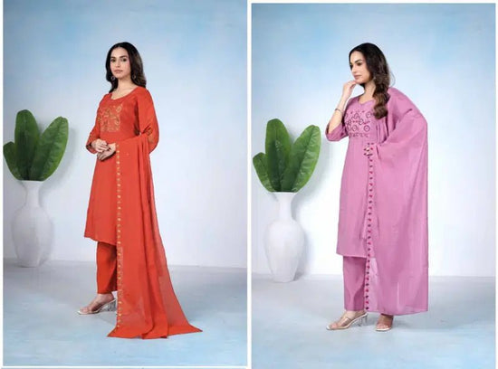 Amrah Wholesale Md 106 Mul Chanderi Embroidered Kurti Pant Dupatta Set - Amrah Wholesale