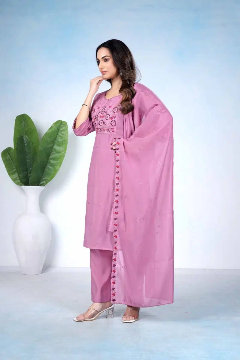Amrah Wholesale Md 106 Mul Chanderi Embroidered Kurti Pant Dupatta Set - Amrah Wholesale