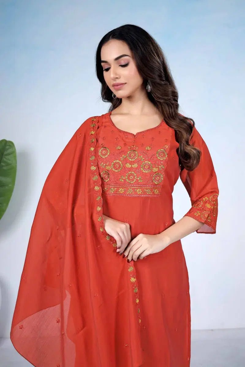 Amrah Wholesale Md 106 Mul Chanderi Embroidered Kurti Pant Dupatta Set - Amrah Wholesale