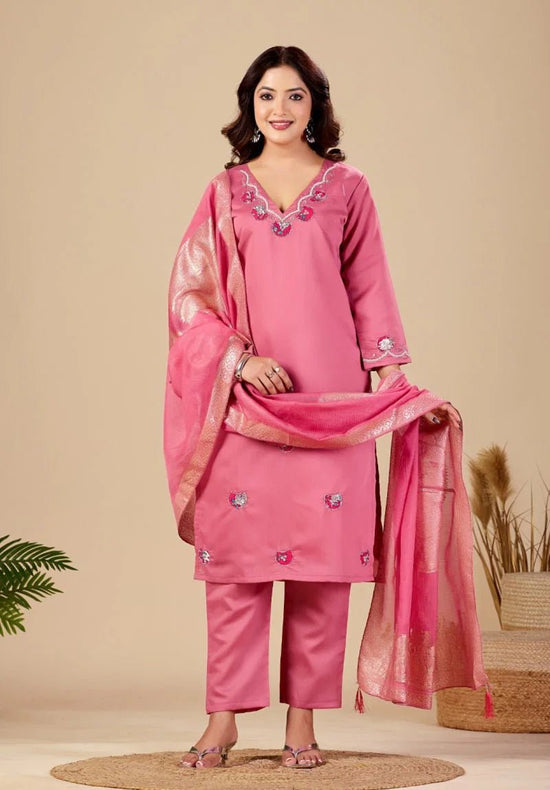 Amrah Wholesale Md 107 Roman Handwork Festive Kurti Pant Dupatta Set - Amrah Wholesale