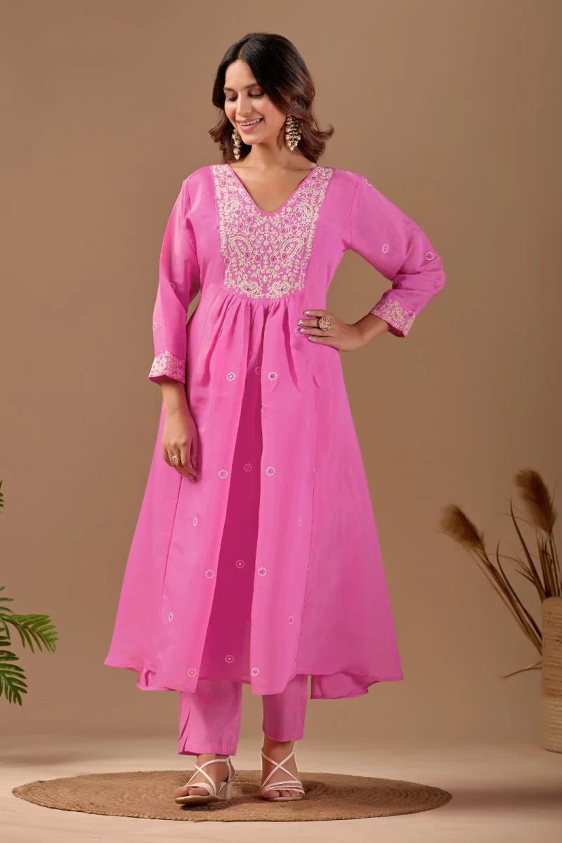 Amrah Wholesale Md 108 Mul Chanderi Embroidered Kurti Pant Dupatta Set - Amrah Wholesale