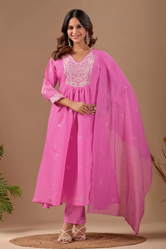 Amrah Wholesale Md 108 Mul Chanderi Embroidered Kurti Pant Dupatta Set - Amrah Wholesale